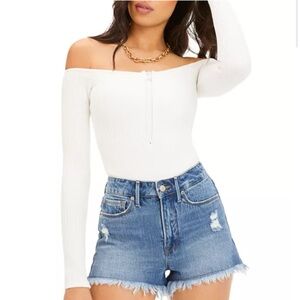 Good American Half-Zip Off Shoulder Bodysuit White